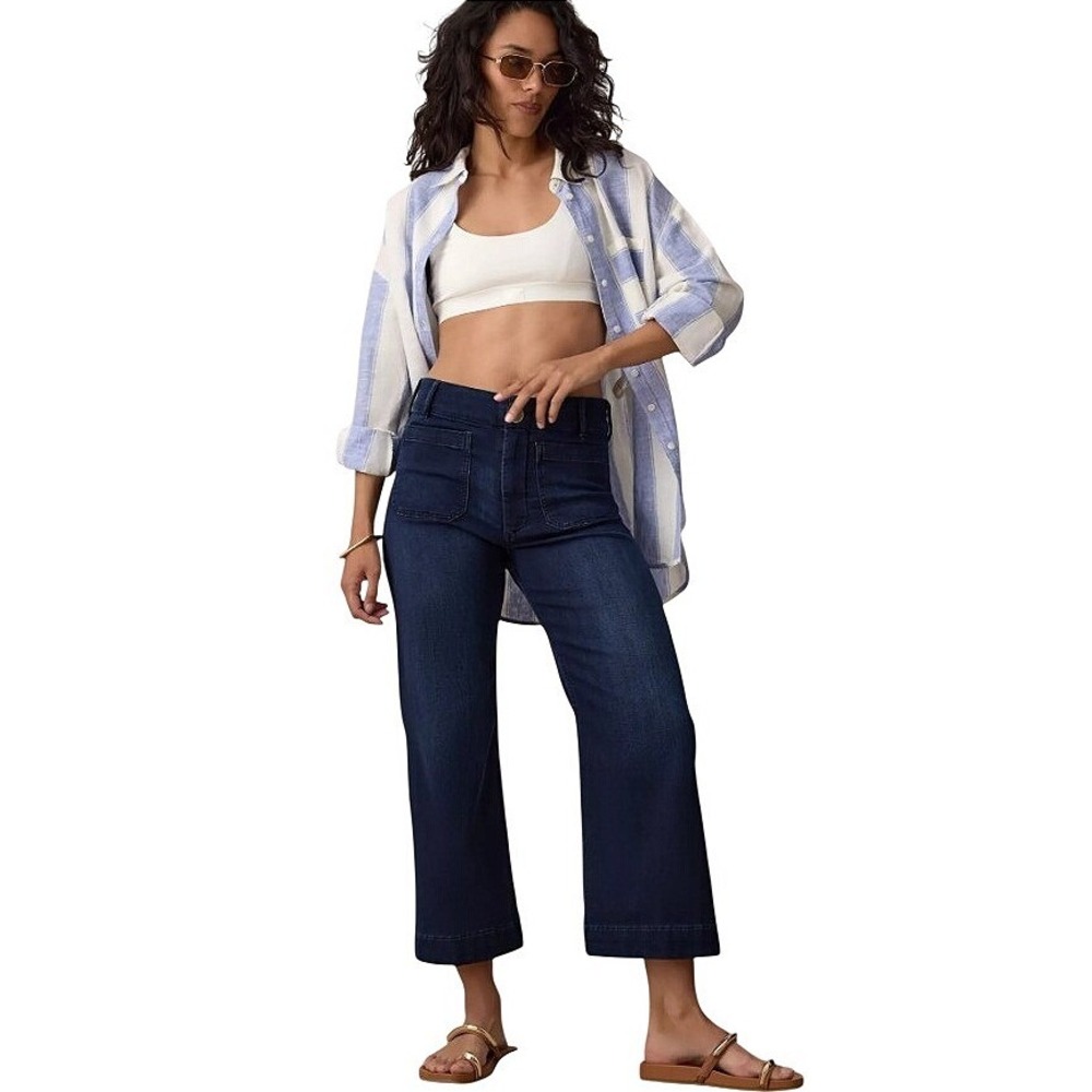 Anthropologie Maeve The Colette Wide-Leg Crop High Rise Jeans Dark Wash 28 Good